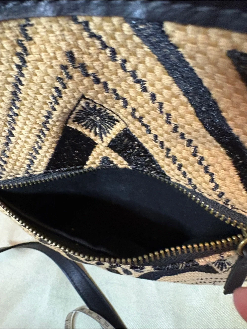Maya Jute Hippie Woven Geometric Crossbody Bag in Black and Tan